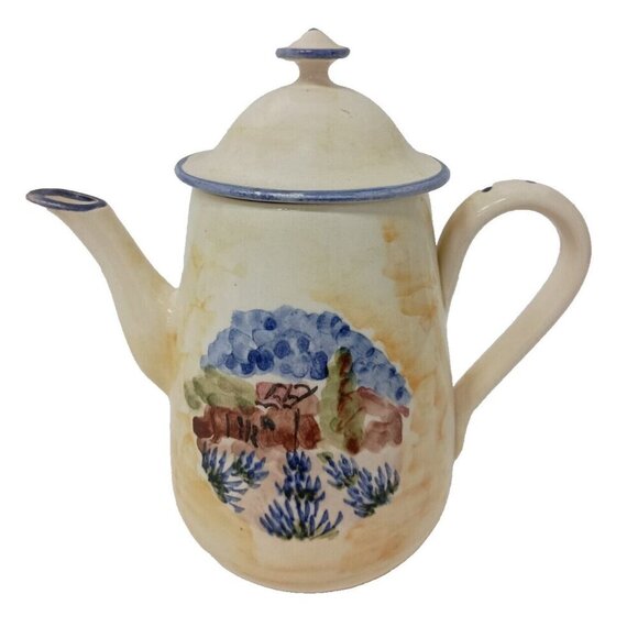 Vintage F. Main Pottery Porcelain Tea Pot Hand Made Cottagecore Country Signed - Picture 1 of 13